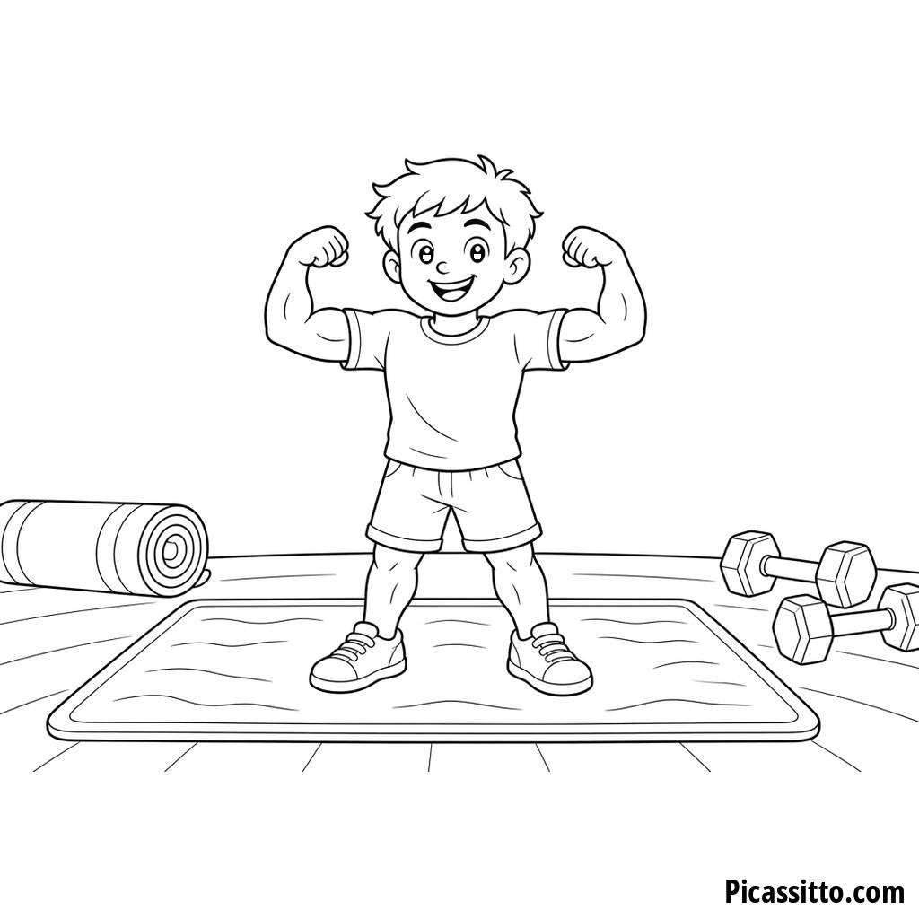 Kid Flexing Muscles Coloring Page