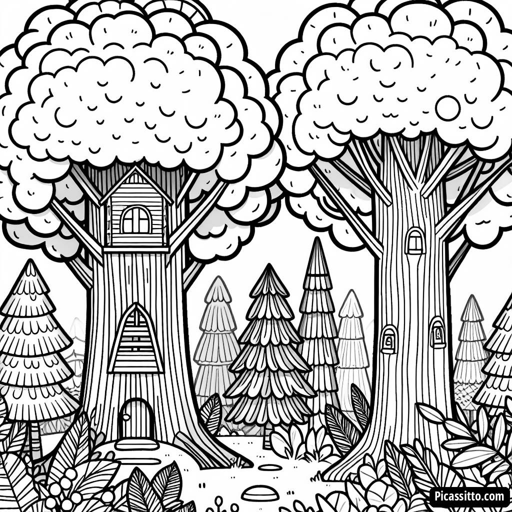 Mystische Wald Malvorlage mit Verstecktem Baumhaus