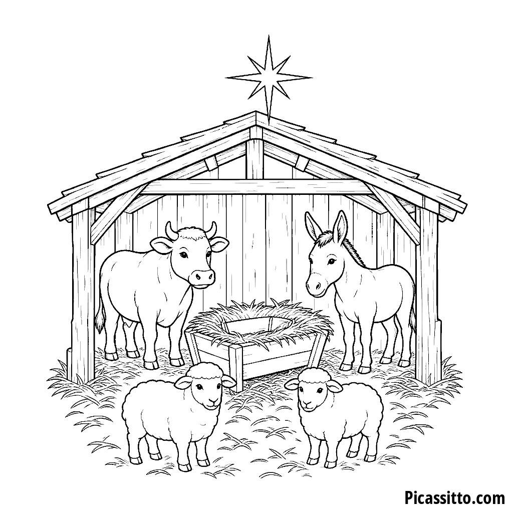 Nativity Stable with Animals Coloring Page