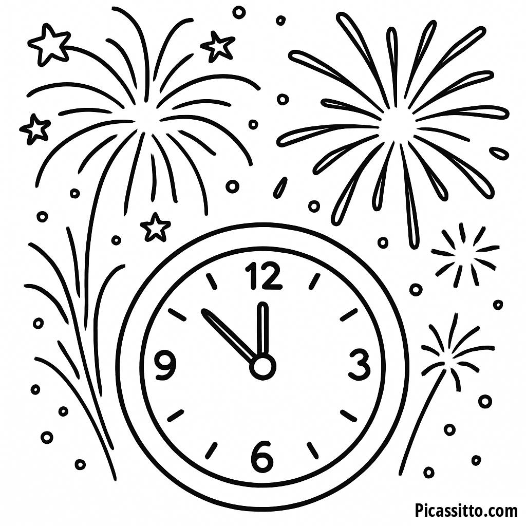 New Year Celebration Coloring Page: Fireworks & Clock