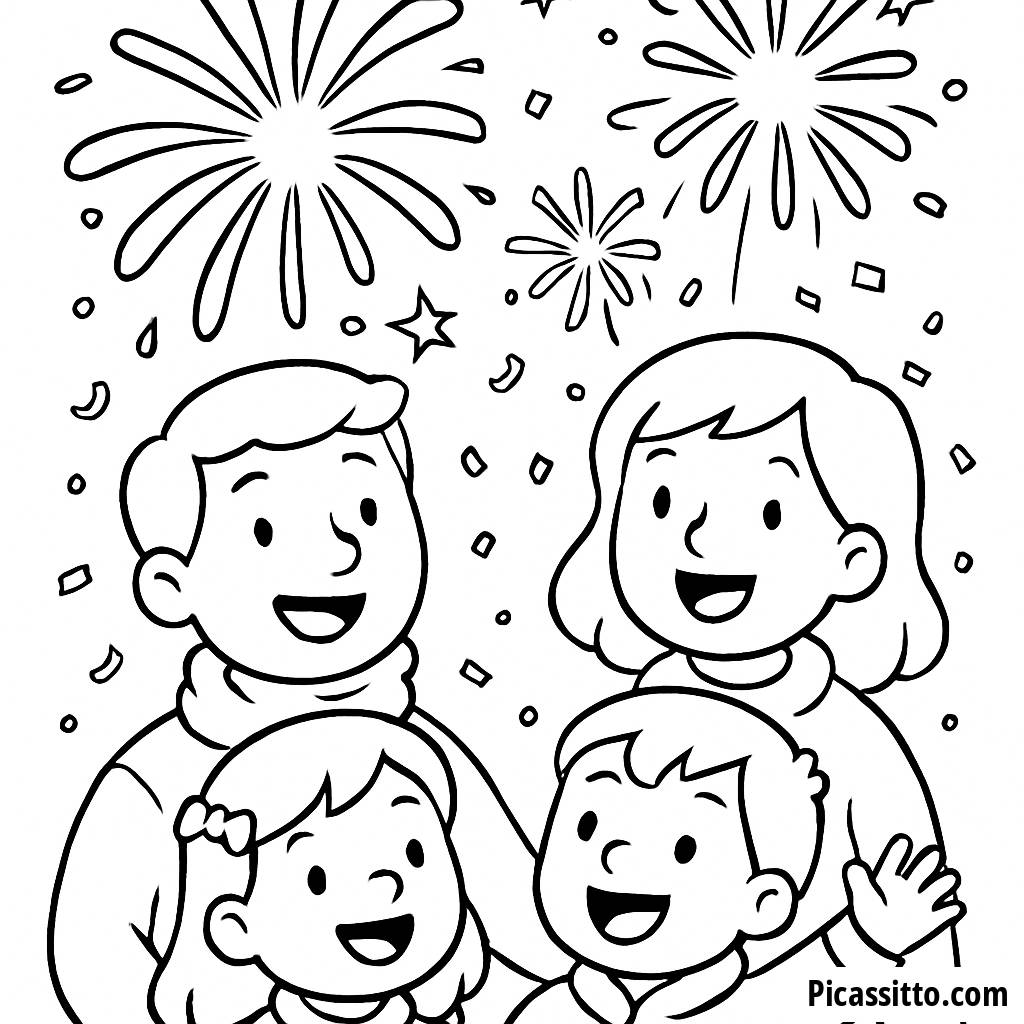 Page à Colorier de la Famille Regardant les Feux d'Artifice de Nouvel An