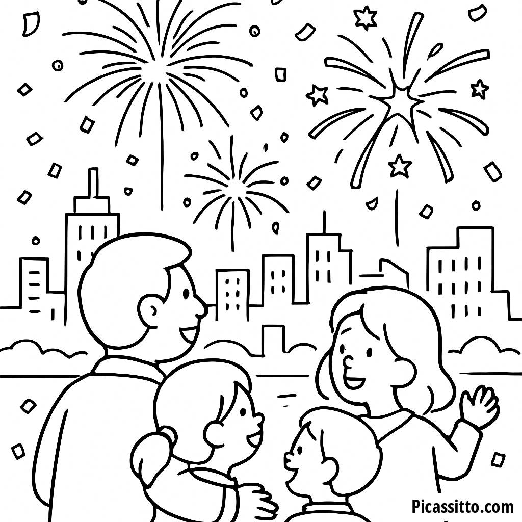 Página para Colorear de Fuegos Artificiales de Año Nuevo