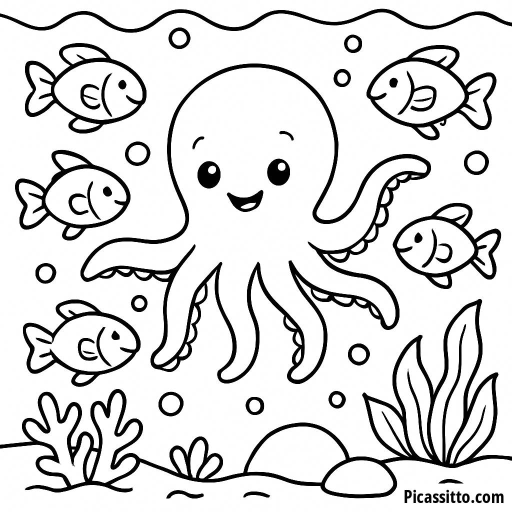 Malvorlage von einem Oktopus und Fischen