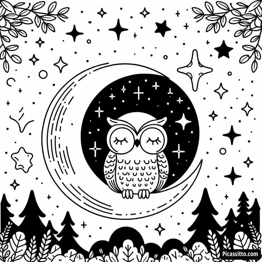 Eule auf einer Mondsichel Ausmalbild