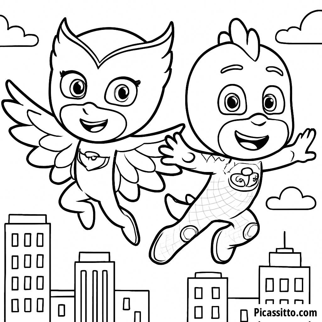 Pagina da Colorare di Owlette e Gekko in Volo