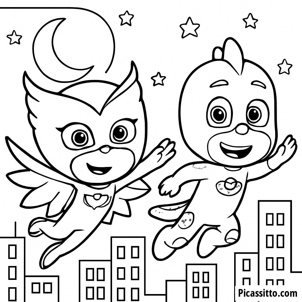 Owlette et Gekko Volant Ensemble - Page de Colorie PJ Masks
