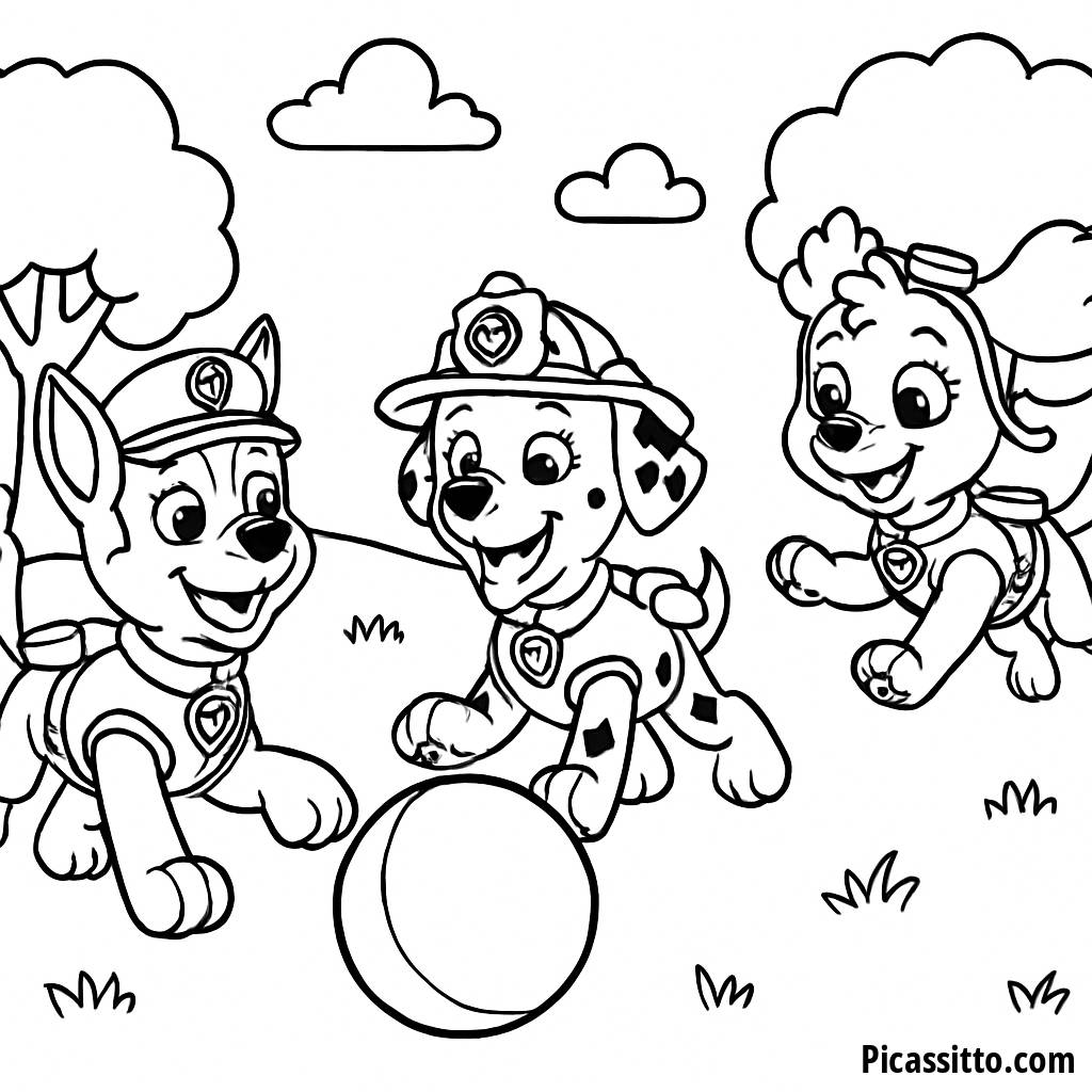 Página para Colorear de Paw Patrol: Chase, Marshall y Skye Jugando a Atrapar
