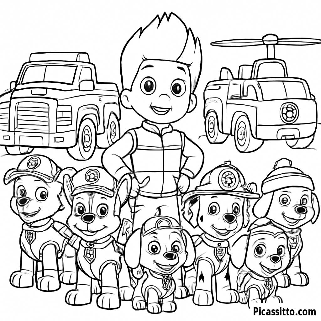 Pagina da Colorare del Team Paw Patrol Pronto all'Azione