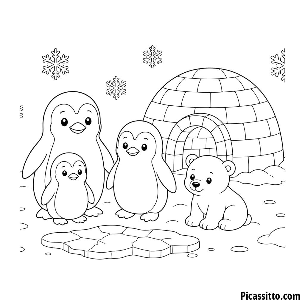 Pinguini e orsetto polare con igloo da colorare
