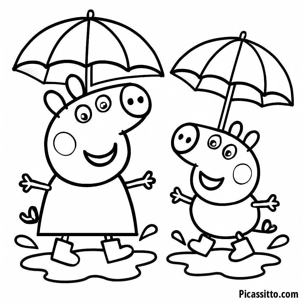 Peppa and George Jumping in Muddy Puddles Coloring Page