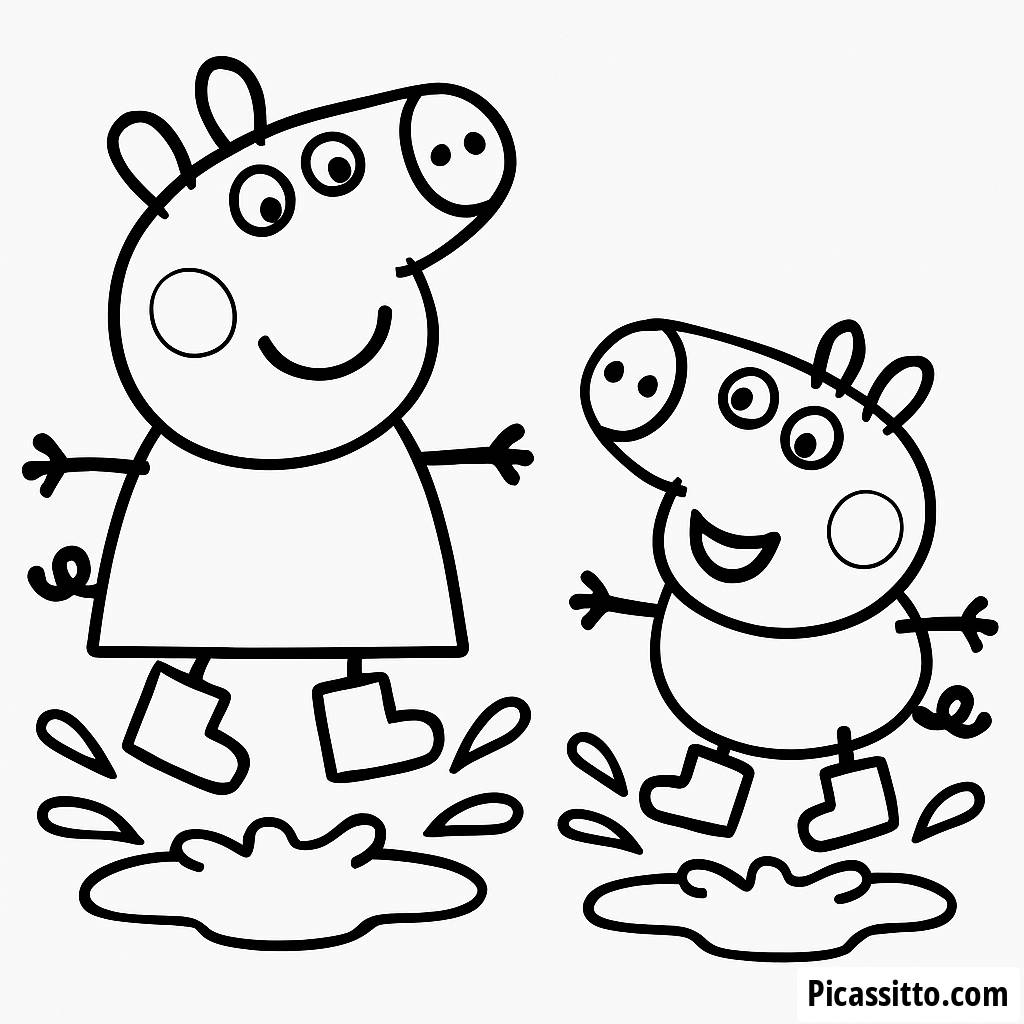 Peppa and George Jumping in Muddy Puddles Coloring Page