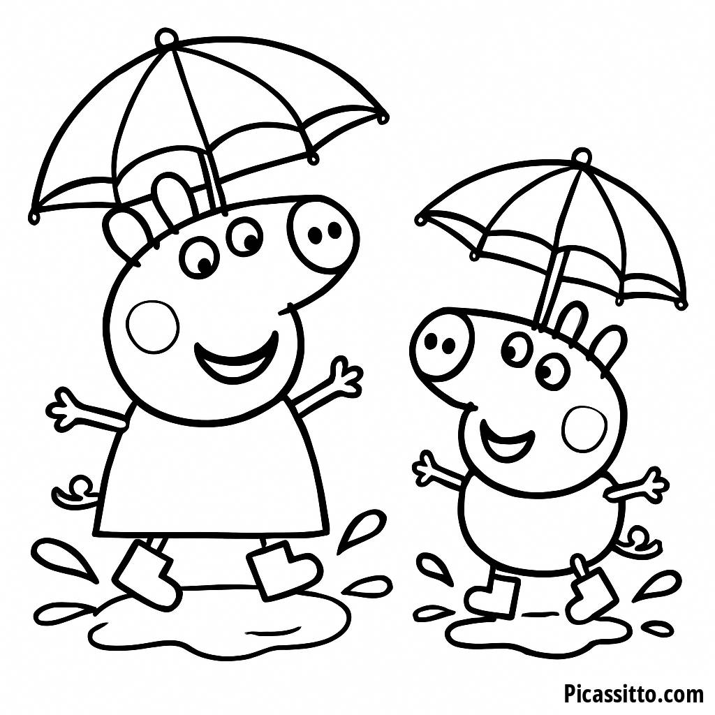 Página para Colorear de Peppa y George Saltando en Charcos de Barro