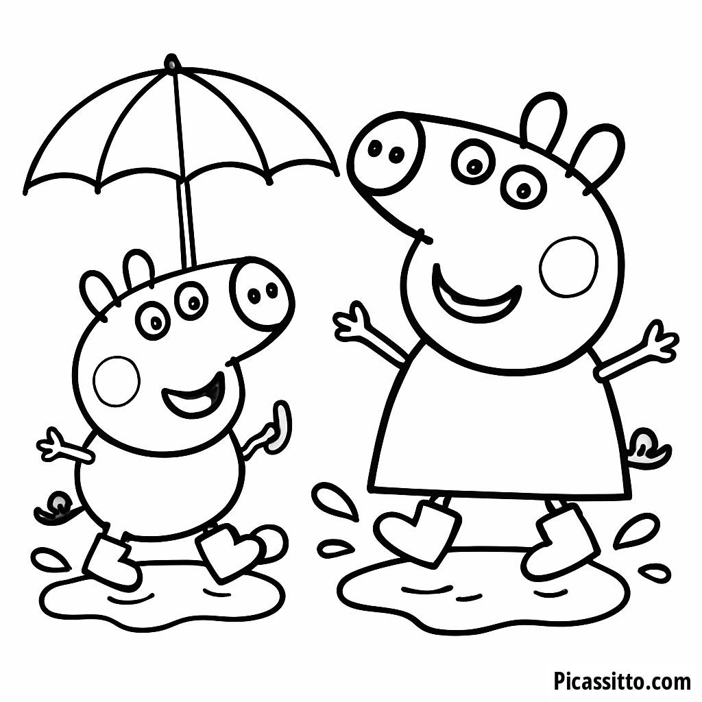 Раскраска Пеппы и Джорджа, Прыгающих в Грязевые Лужи