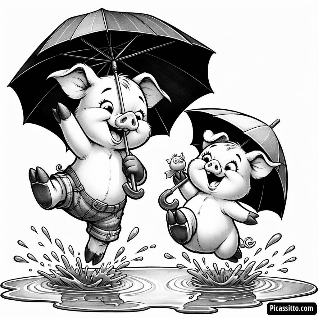 Malvorlage von Peppa und George, die in Pfützen Springen