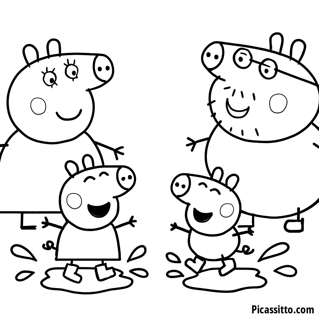 Peppa Pig and George Jumping in Muddy Puddles Coloring Page