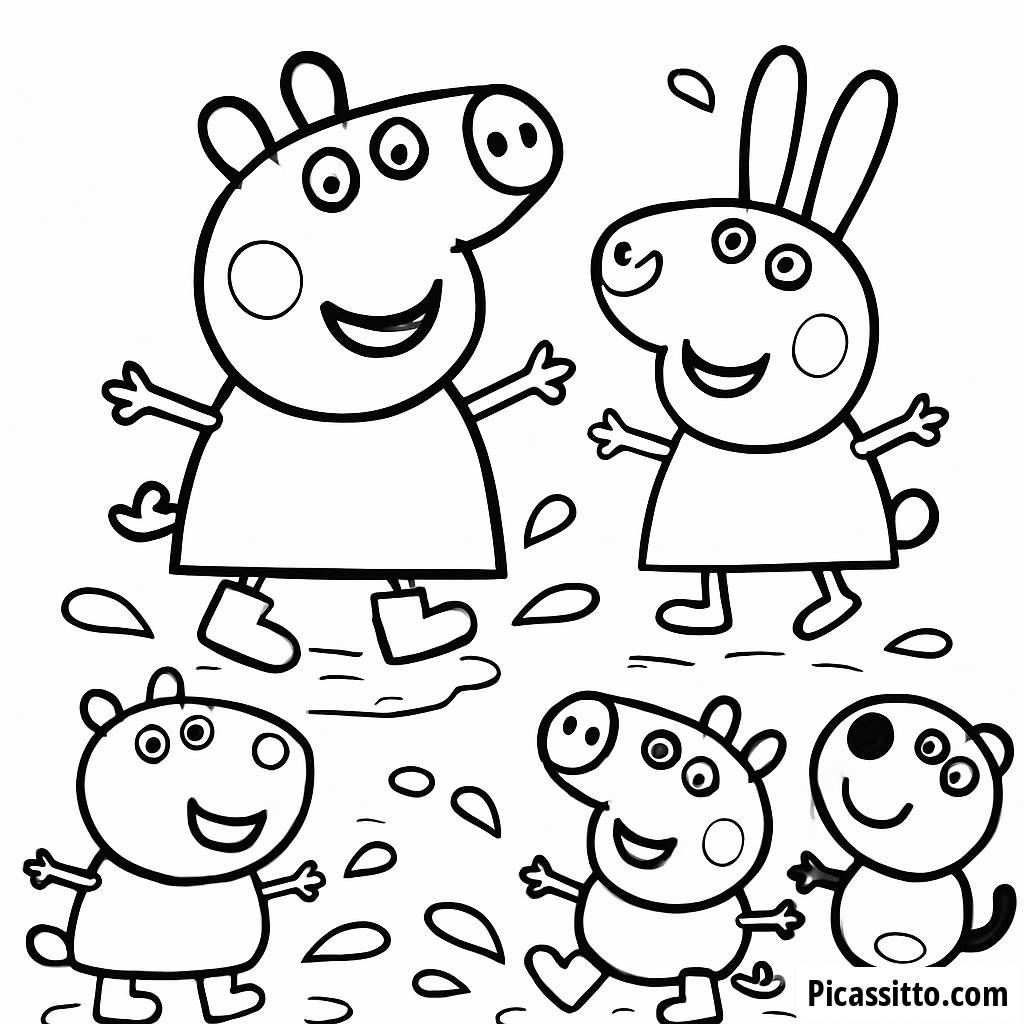 Malvorlage von Peppa Pig und George, die in Matschpfützen Springen
