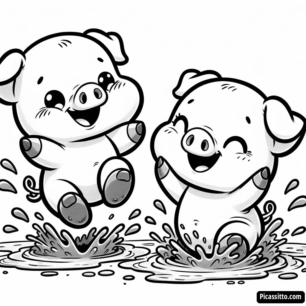 Pagina da Colorare di Peppa Pig e George che Saltano nelle Pozzanghere di Fango