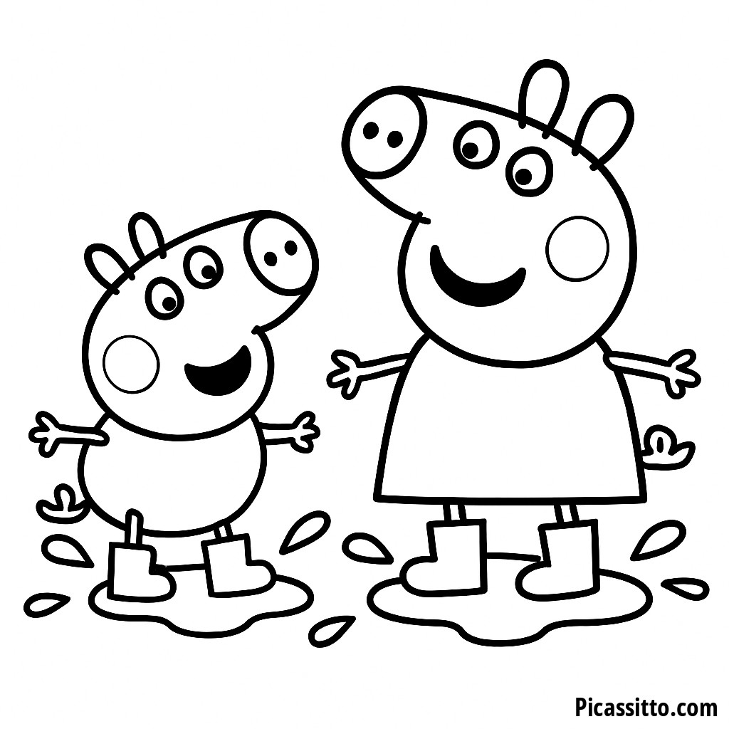 Pagina da Colorare di Peppa Pig e George che Saltano nelle Poze di Fango