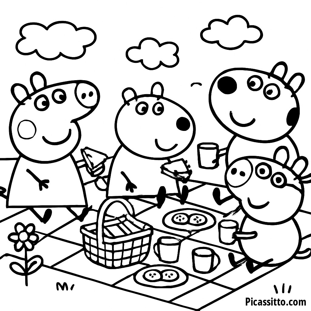 Pagina da Colorare Peppa Pig al Picnic