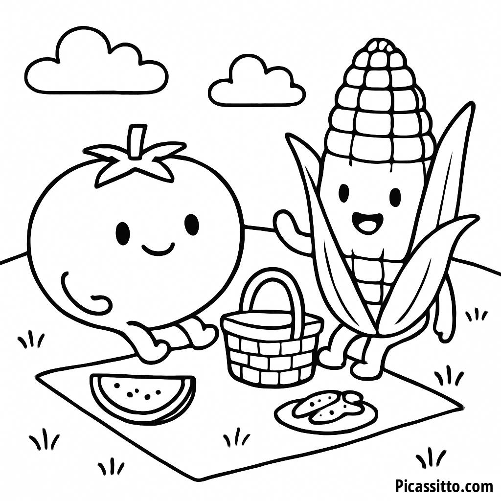 Picknick-Zeit: Ausmalbild von Tomate und Mais