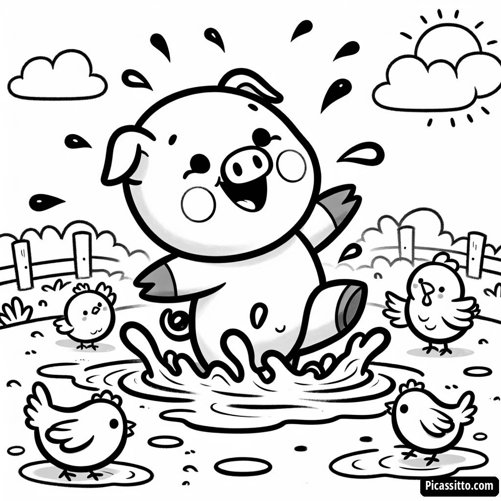 Page à Colorier: Cochon S'éclaboussant dans la Boue