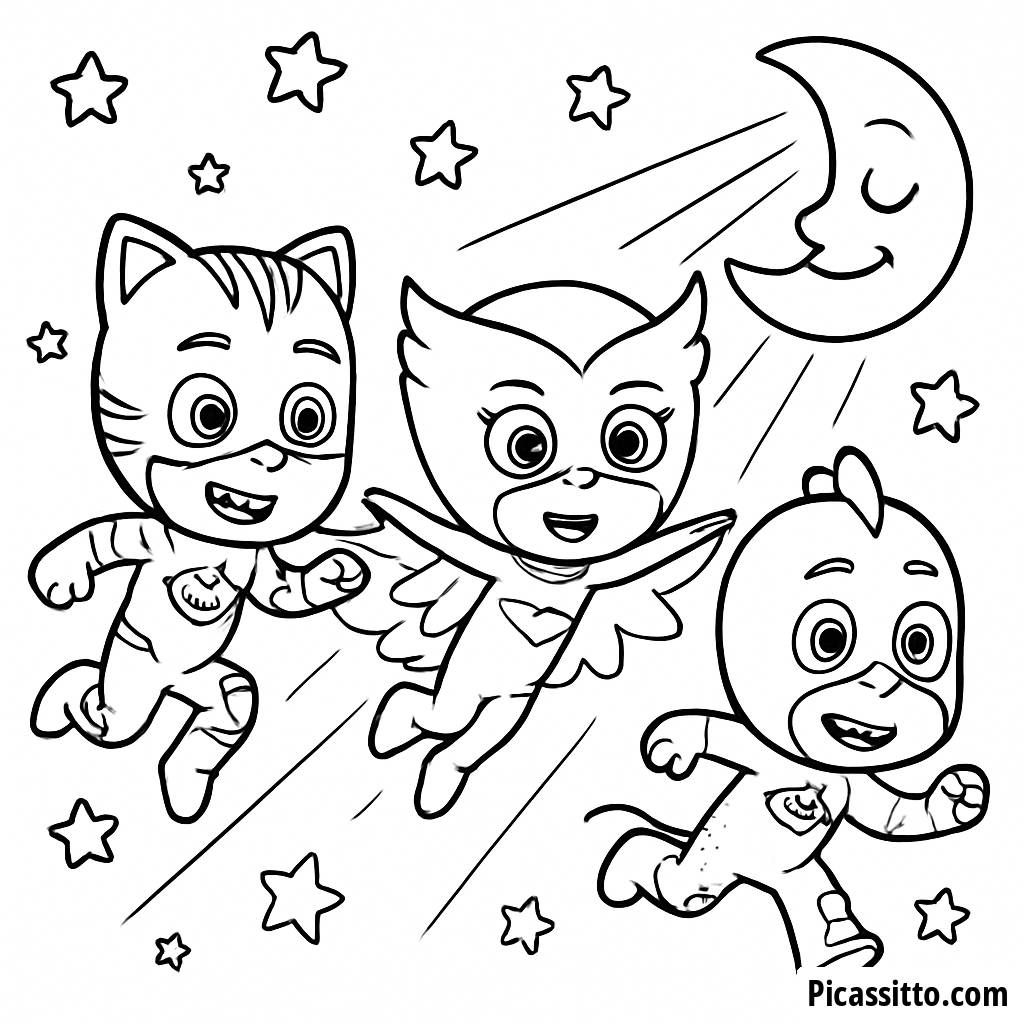 Página para Colorir PJ Masks: Catboy, Owlette e Gekko Voando pelo Céu Estrelado!