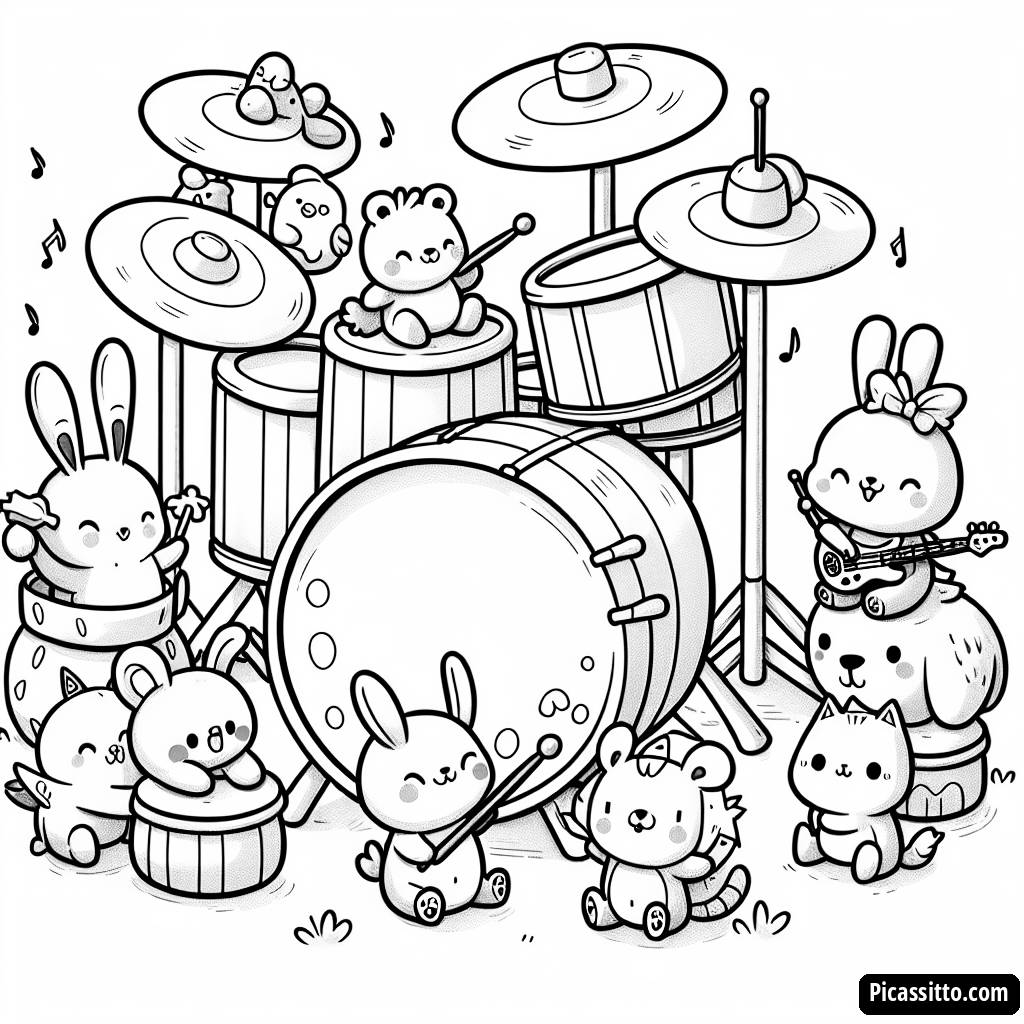 Ausmalbild des Schlagzeugs mit Verspielten Tieren