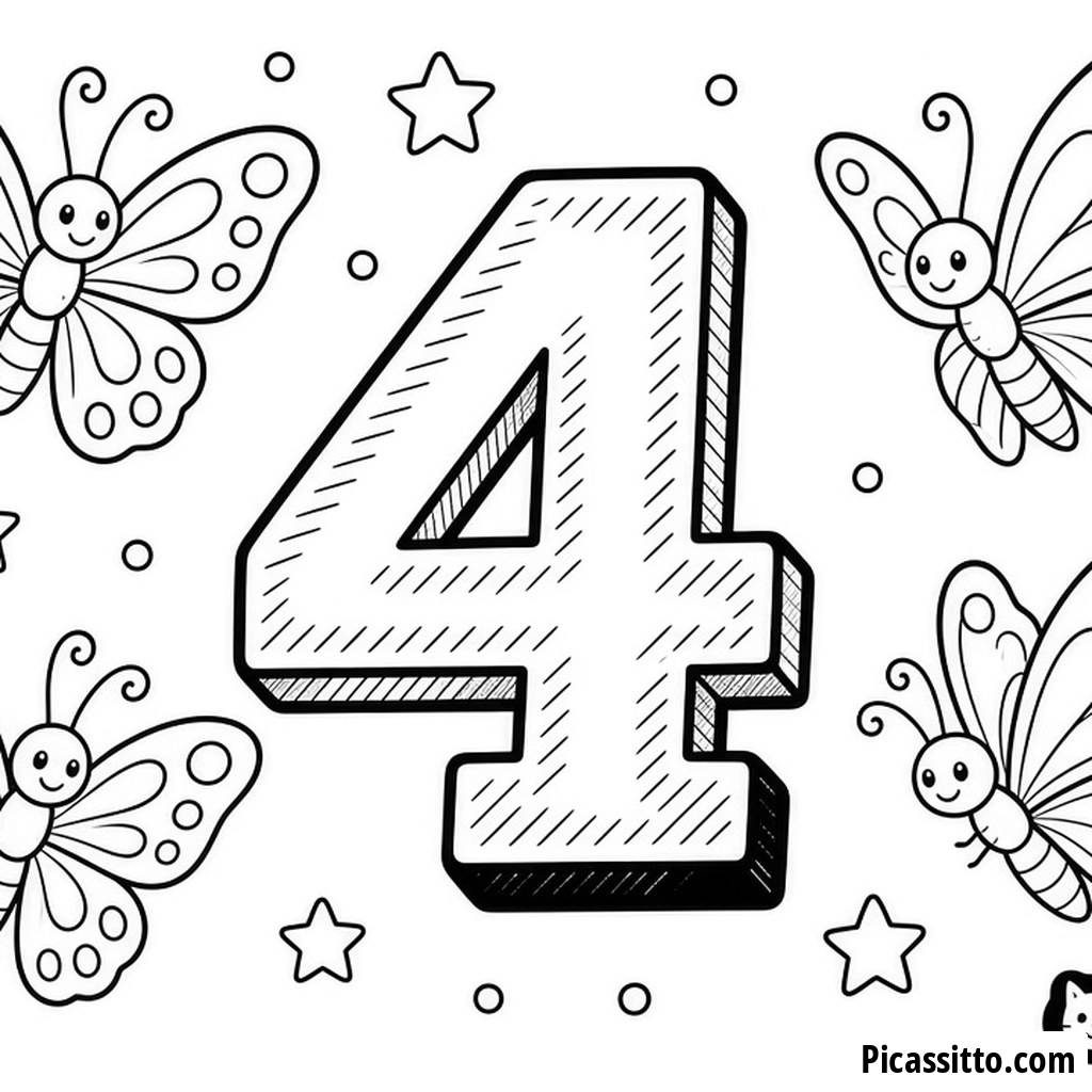 Pagina da colorare Numero 4 con farfalle giocose