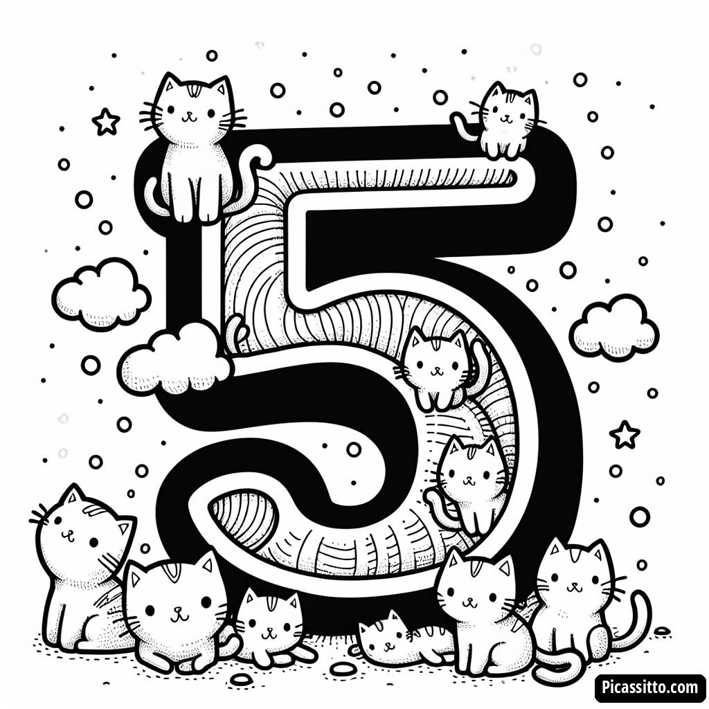 Malvorlage mit der Zahl 5 und Verspielten Kätzchen