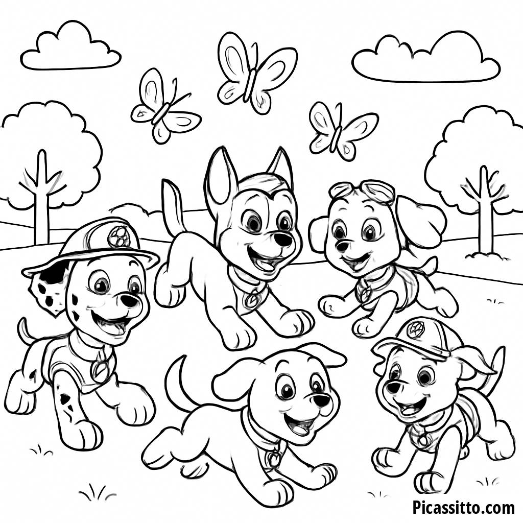 Ausmalbild der Paw Patrol Welpen im Spielpark