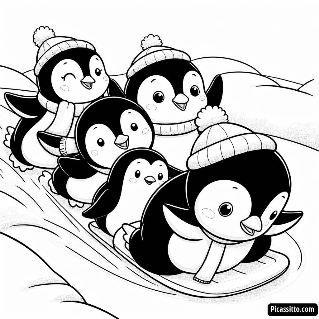 Раскраска с Игривыми Пингвинами, Скользящими по Льду