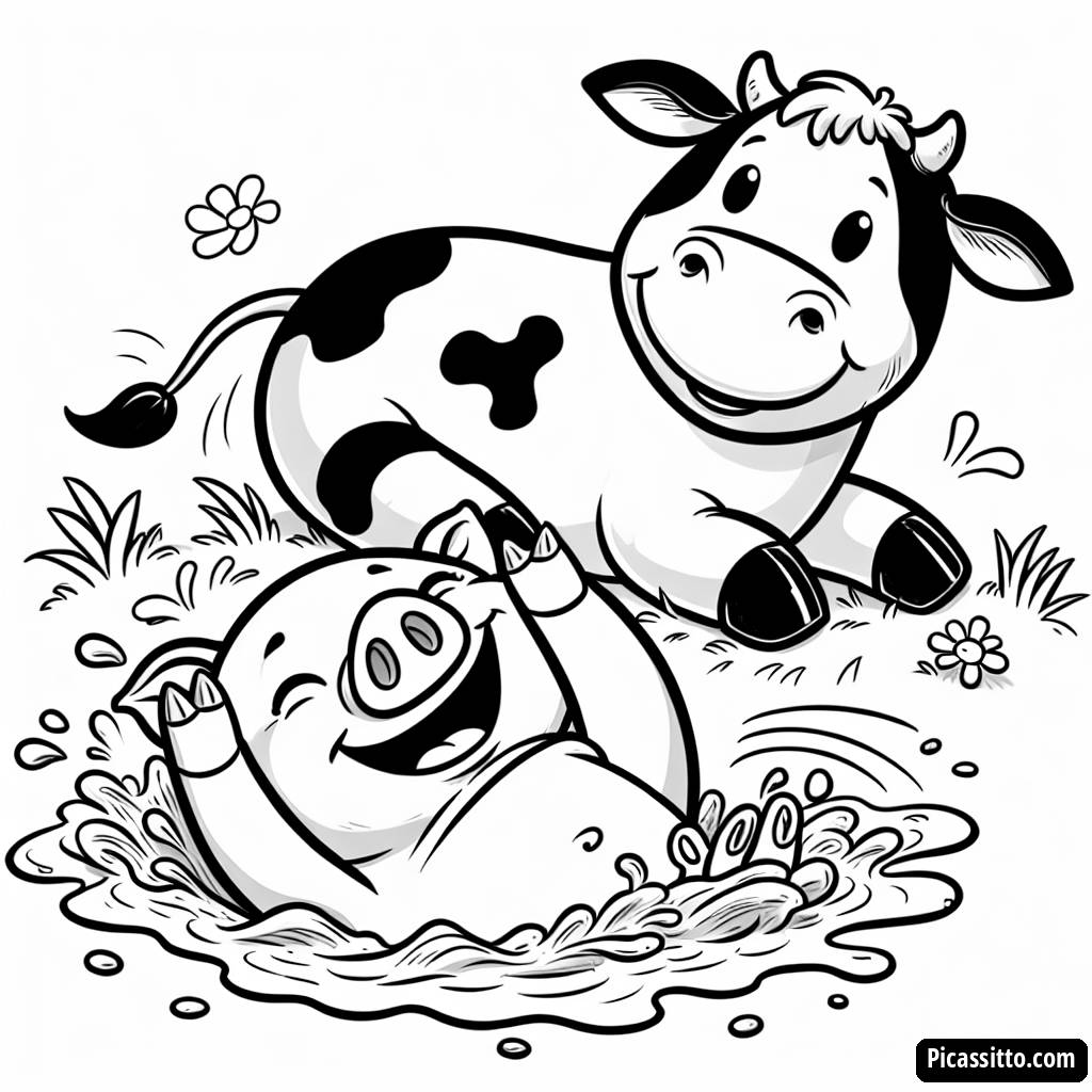 Раскраска Веселая Свинья и Радостная Корова