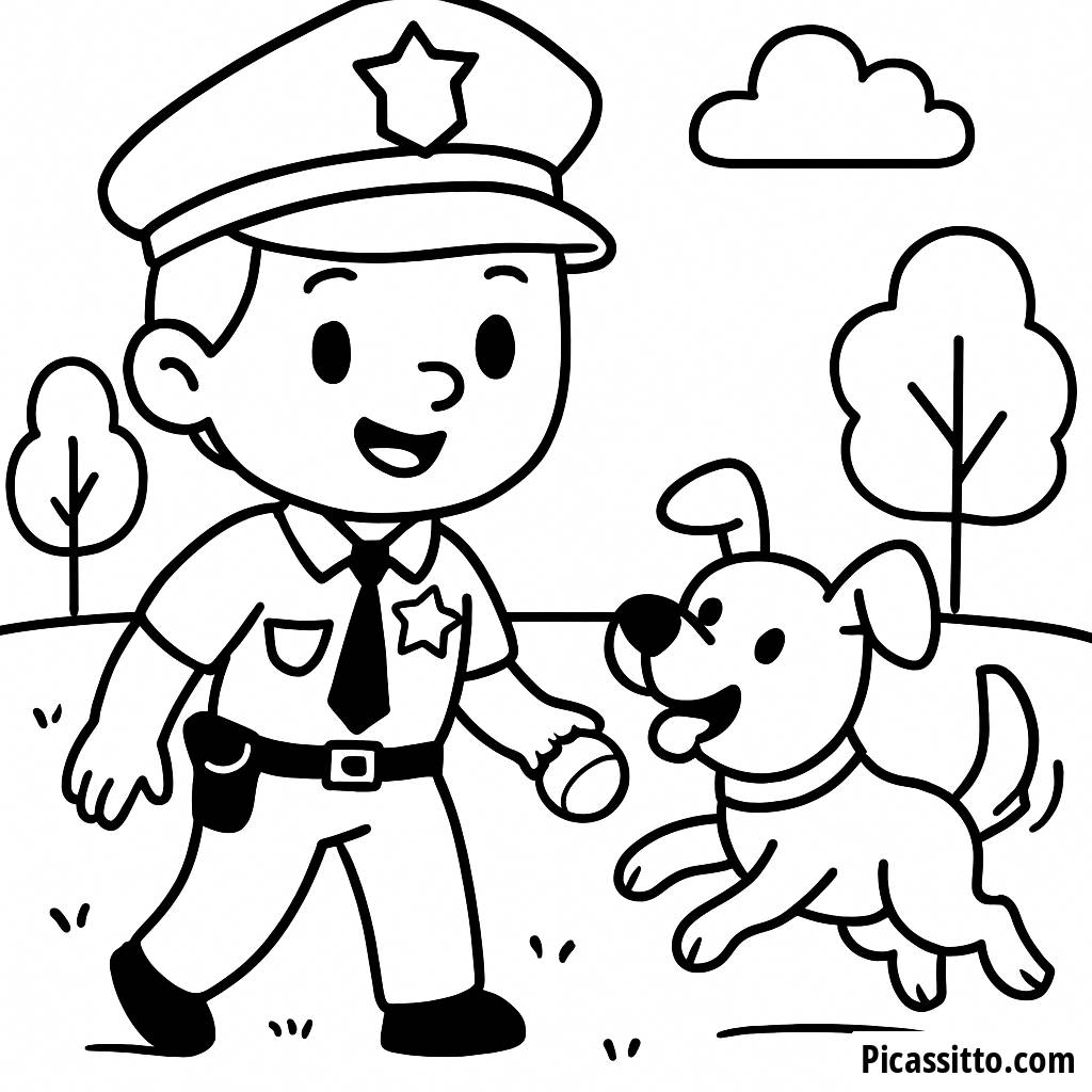 Página para Colorear de un Policía y su Perro Jugando