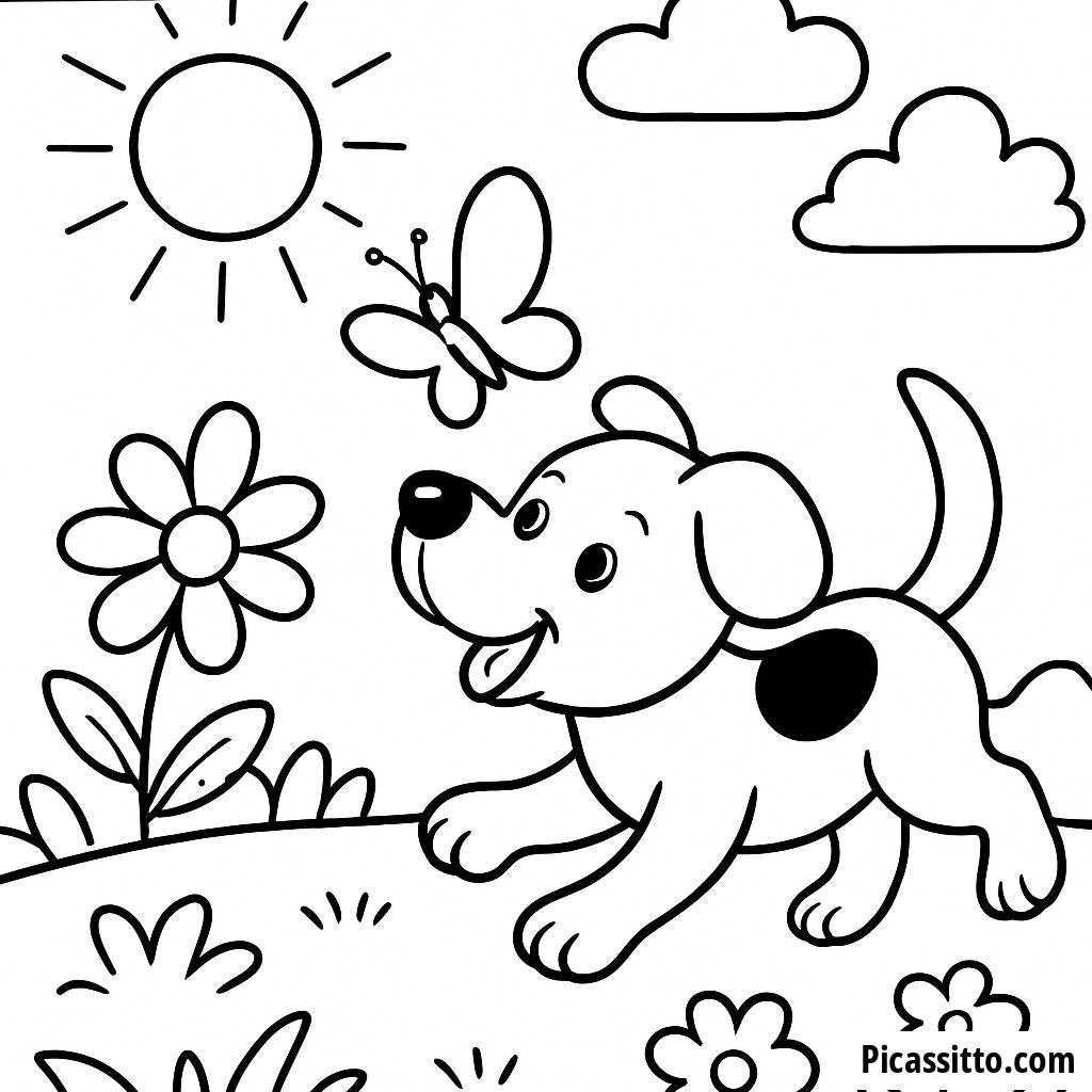 Playful Puppy Chasing a Butterfly Coloring Page