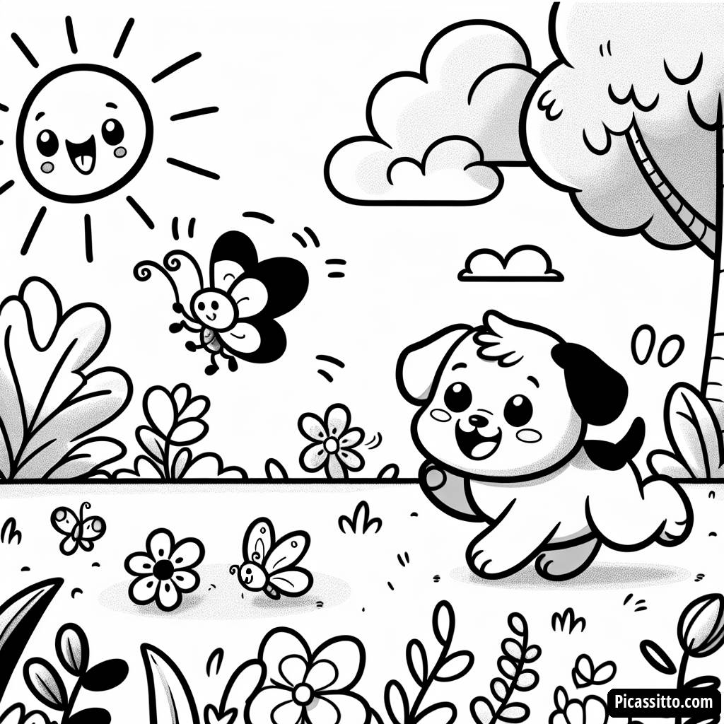 Раскраска Игривого Щенка, Ловящего Бабочку