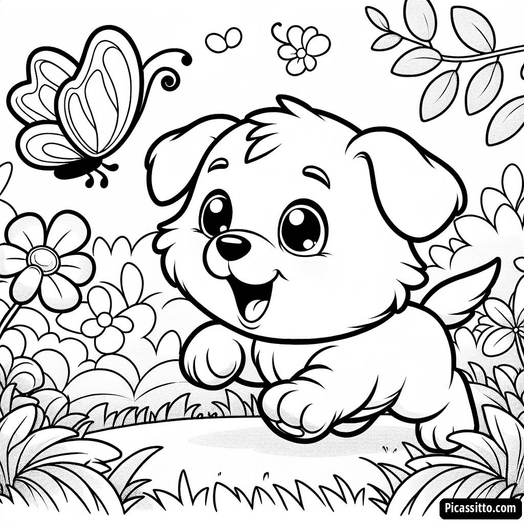 Ausmalbild von einem Verspielten Welpen, der einem Schmetterling Nachjagt