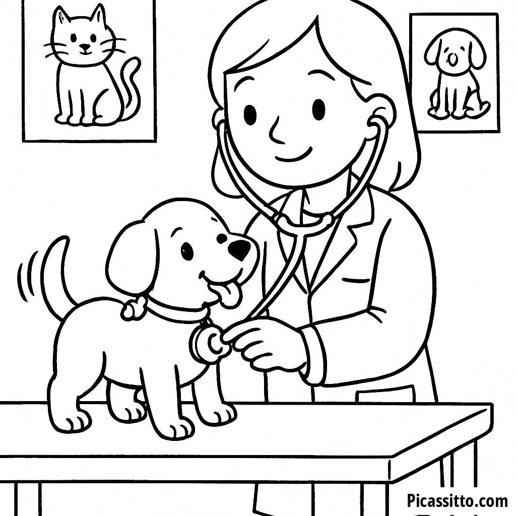 Página para Colorear de un Veterinario y su Perrito Juguetón