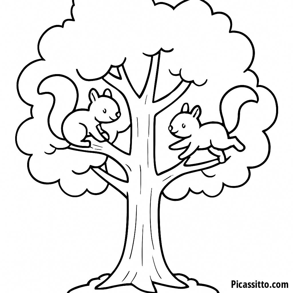 Playful Squirrels in a Tall Oak Tree Coloring Page