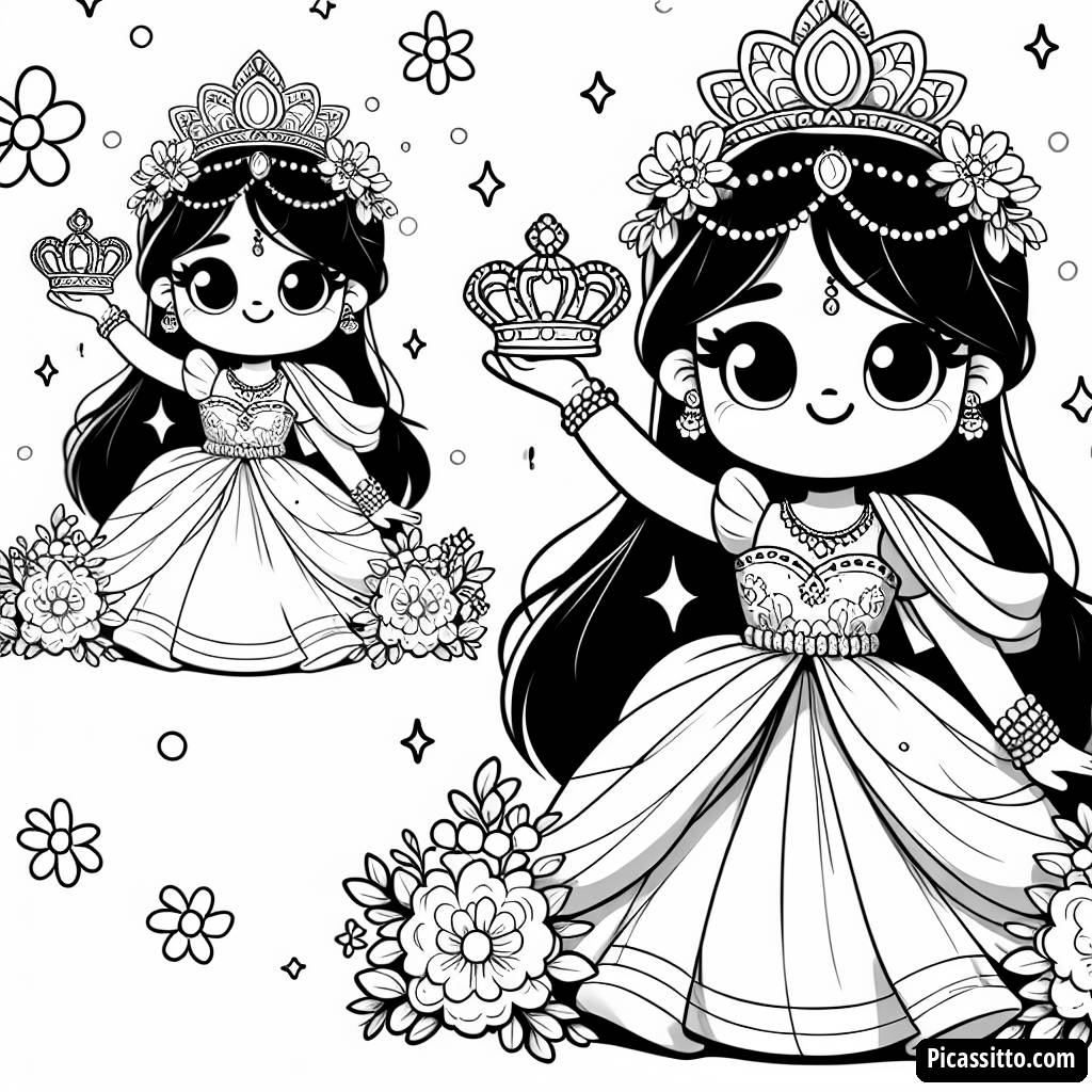 Раскраска: Принцесса в Потоковом Платье