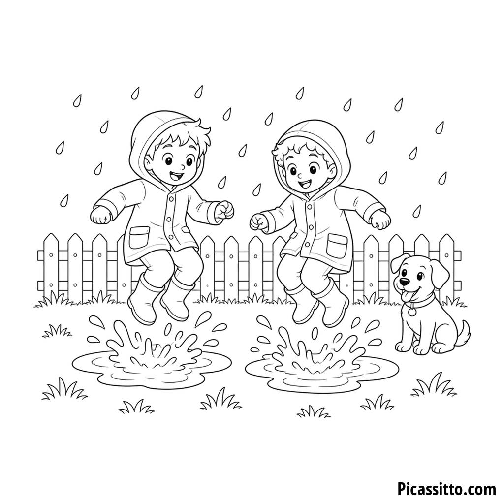 Kids Jumping in Rain Puddles Coloring Page