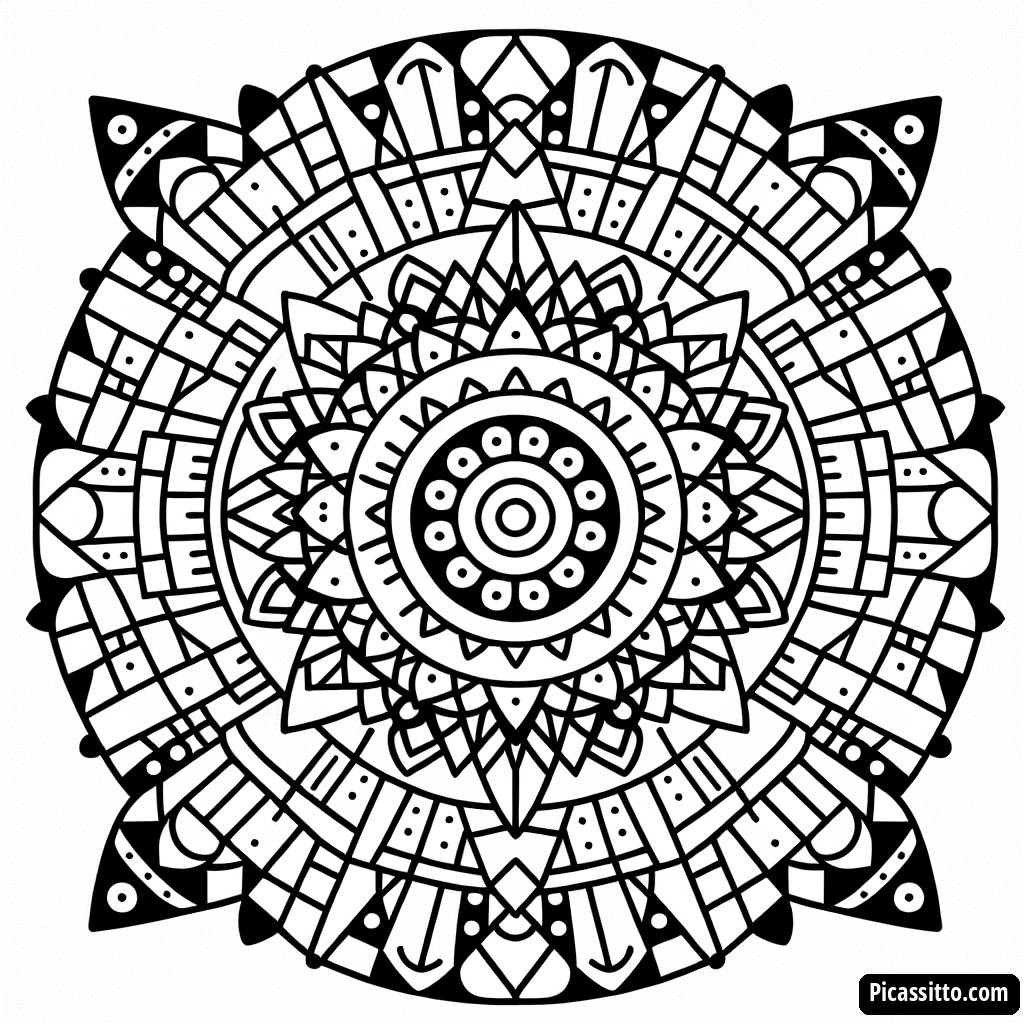 Pagina da Colorare Mandala Geometrico Radiante