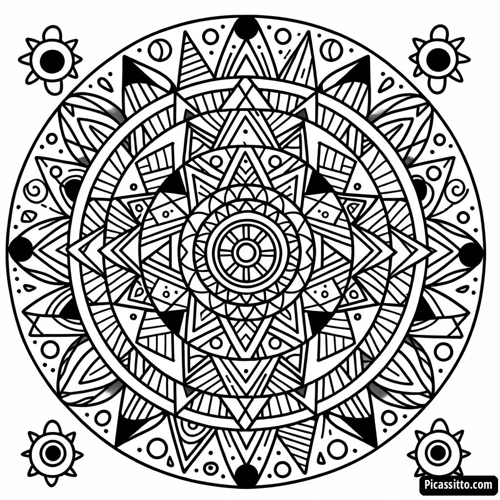 Страница для Раскраски Радужное Мандала с Треугольниками и Кругами
