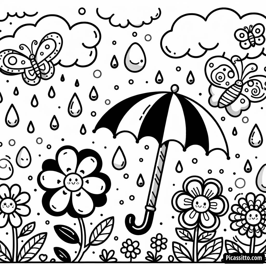 Раскраска: Дождевые Капли и Цветы