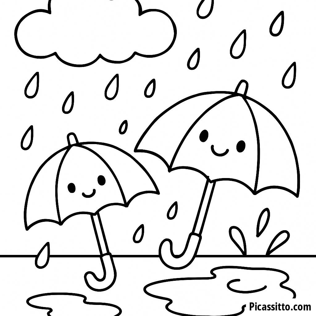 Page à Colorier Jour de Pluie : Amusez-vous avec des Parapluies et des Puddles !