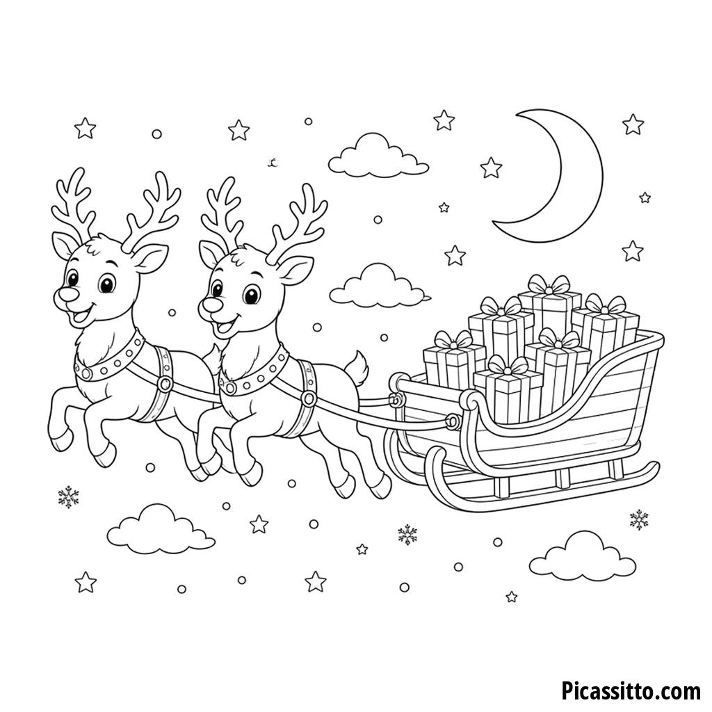 Reindeer Pulling a Gift Sleigh Coloring Page