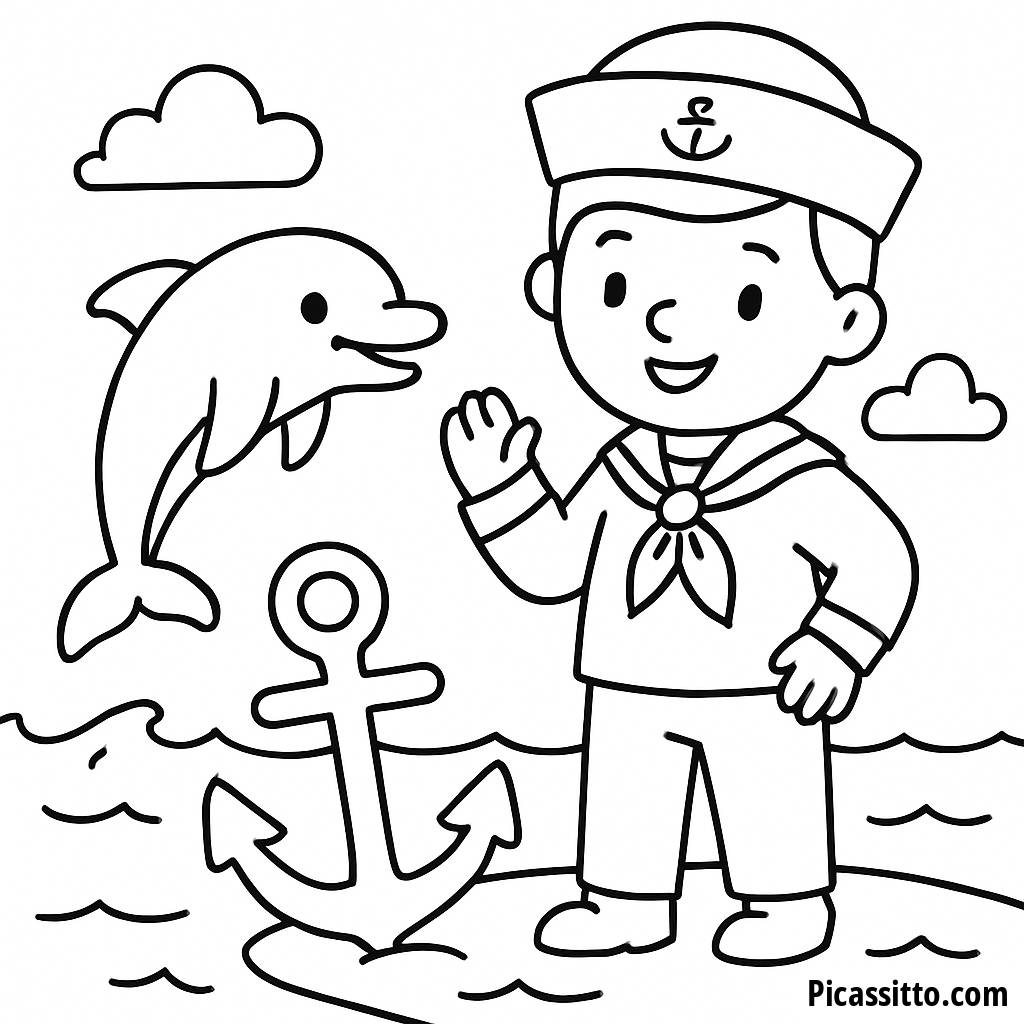 Pagina da Colorare Marinaio e Delfino