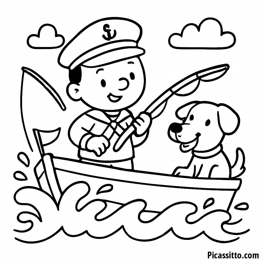 Pagina da Colorare di Marinaio e Cane che Pescano