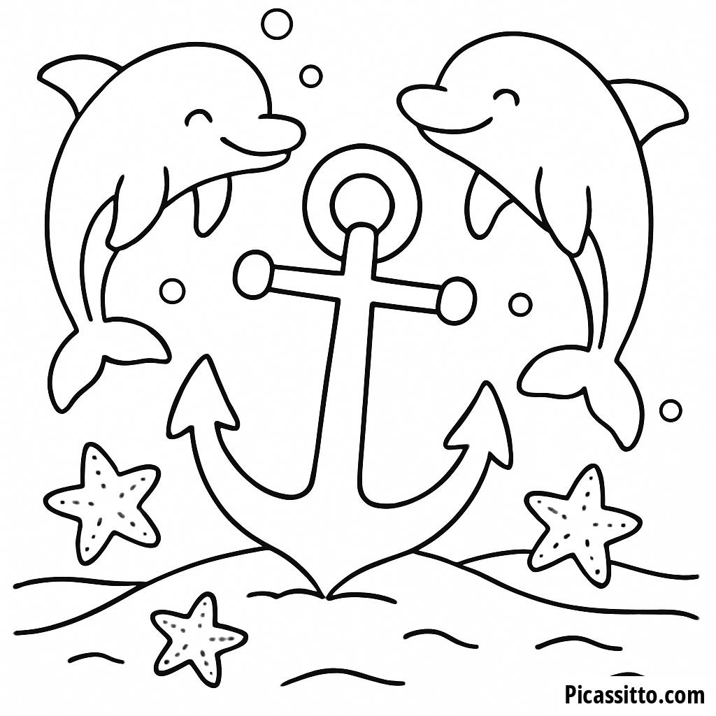 Página para Colorir do Marinheiro: Âncoras, Golfinhos e Estrelas do Mar!