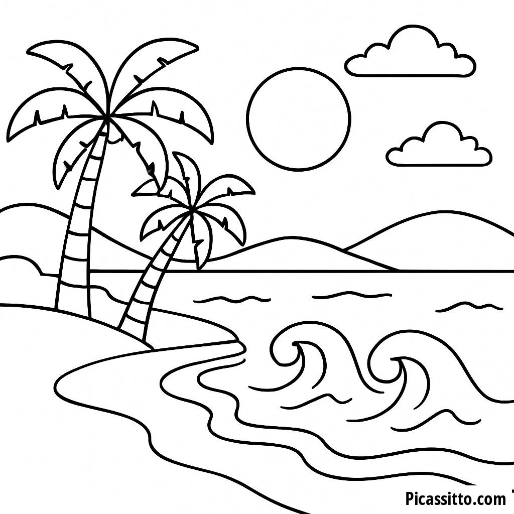 Pagina da Colorare di Scena di Spiaggia Sabbiosa