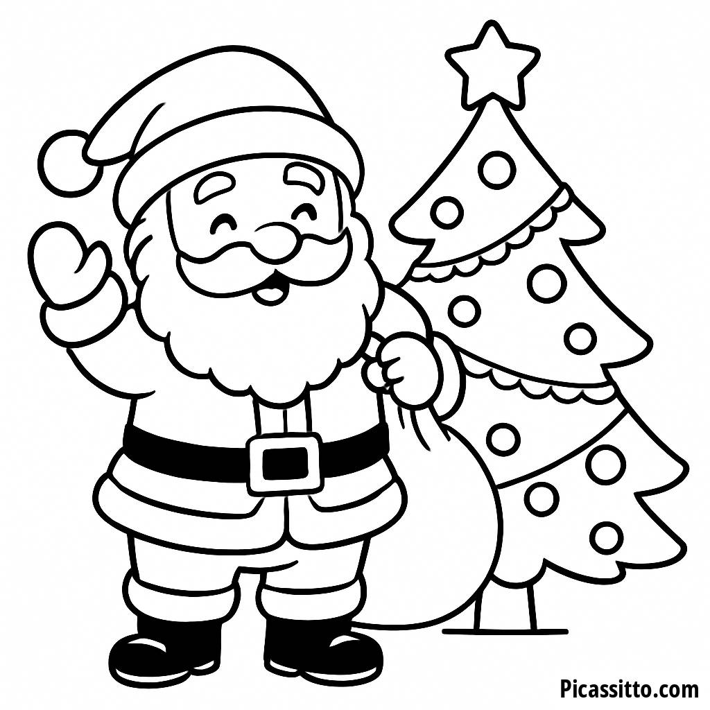 Pagina da Colorare di Babbo Natale: Babbo Natale Allegro con Regali e Albero di Natale